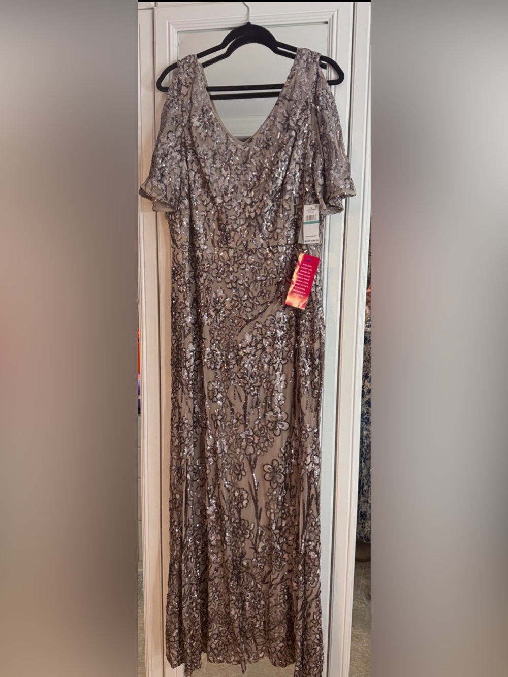 Alex Evenings Taupe and Silver Sequined Floral Maxi Dress